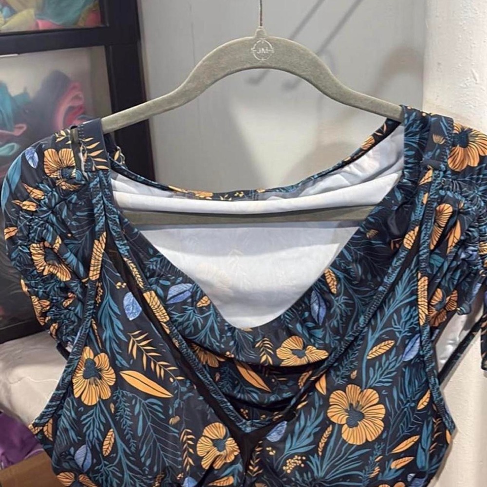 Blue and orange floral print bikini top with ruched detail